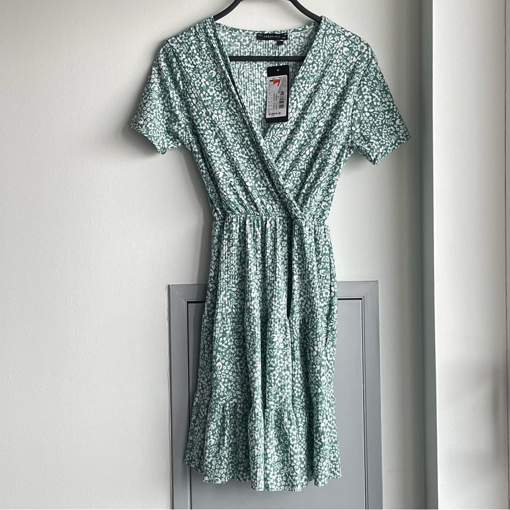 TRENDYOL White Flowers Green Ribbed Faux Wrap Dress with Ruffles on the Bottom